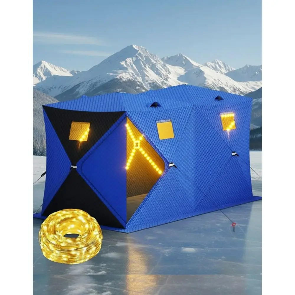 Carpa de Pesca en Hielo Aislada para 4-8 Personas con Luz LED de 49 pies, Impermeable, Portátil, Refugio de 3 Capas, 2 Puertas, Anclajes, Cuerdas y C
