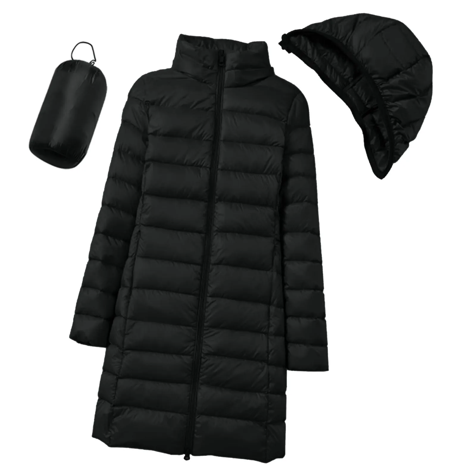 Chaqueta larga con capucha de pato blanco portátil para invierno, abrigo acolchado de algodón cálido ultraligero negro con cremallera, prendas de vestir a prueba de viento, Parka delgada