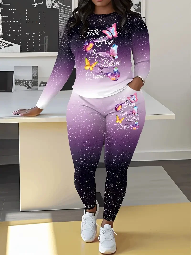 

Plus Size Women's Casual Suit Butterfly Print Fashion Gradient Color Two-Piece Set