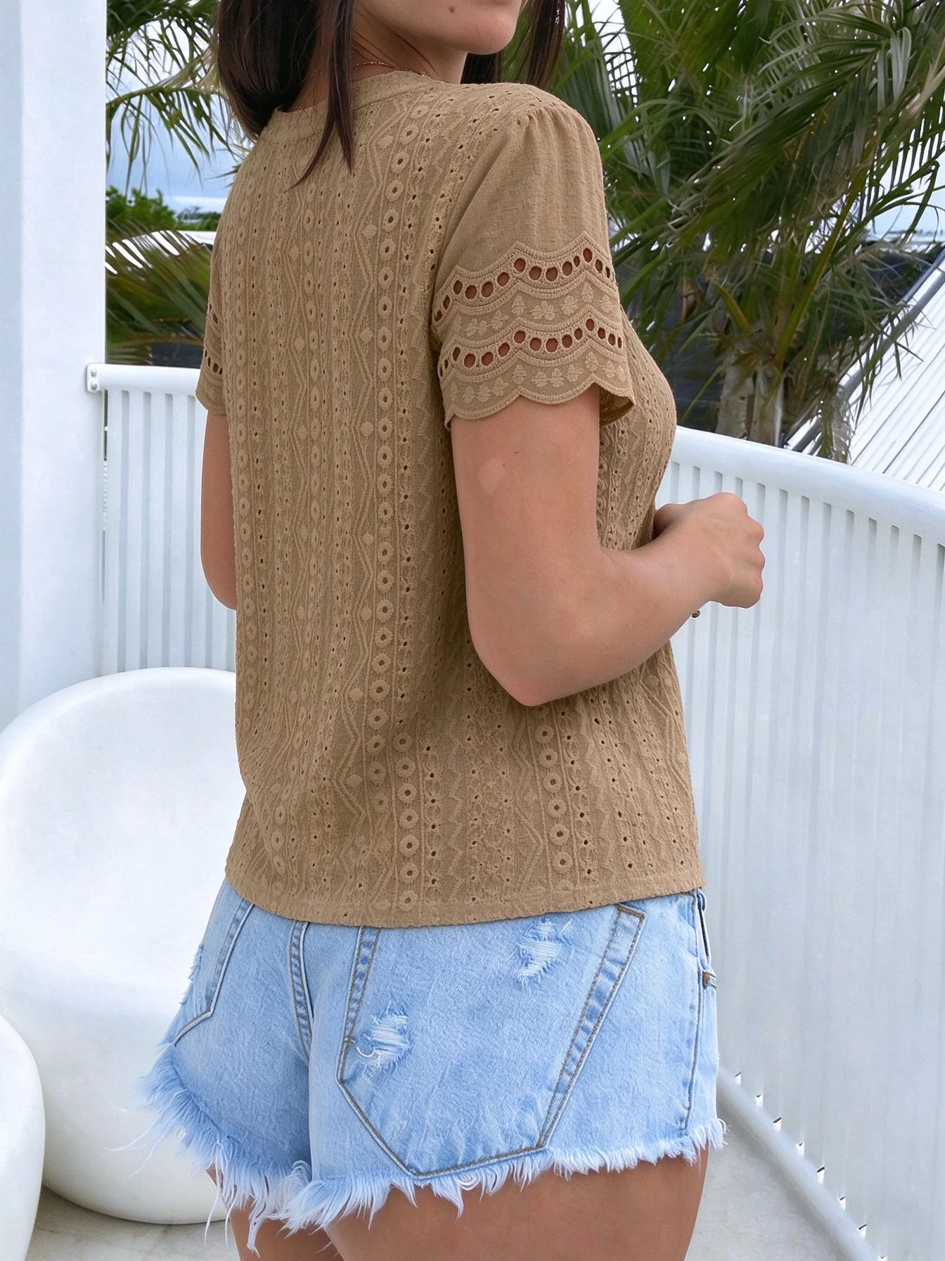 Women Round Neck Hollow Embroidery Short Sleeve Blouse, Scalloped Trim Eyelet Cutout Casual Slim Fit Top