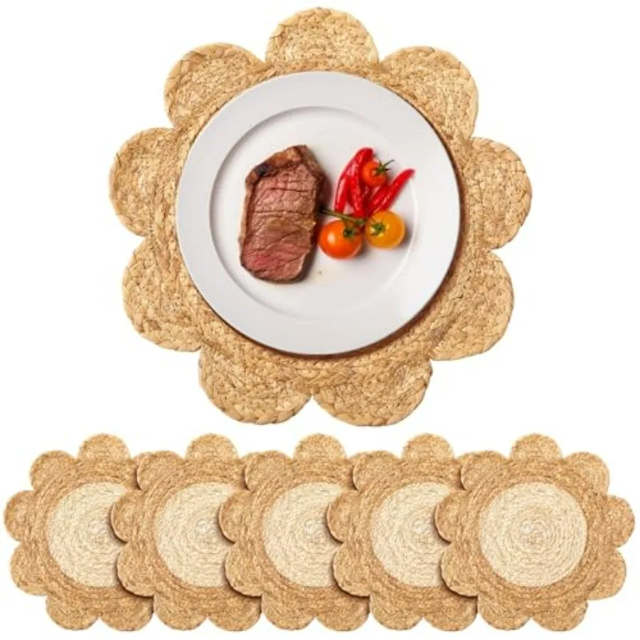 

Набор из 6 круглых плетеных подставок под тарелки из ротанга, 13,8 дюйма, двухцветные, с цветочным узором, в стиле бохо, фермерский стиль, плетеные из соломы