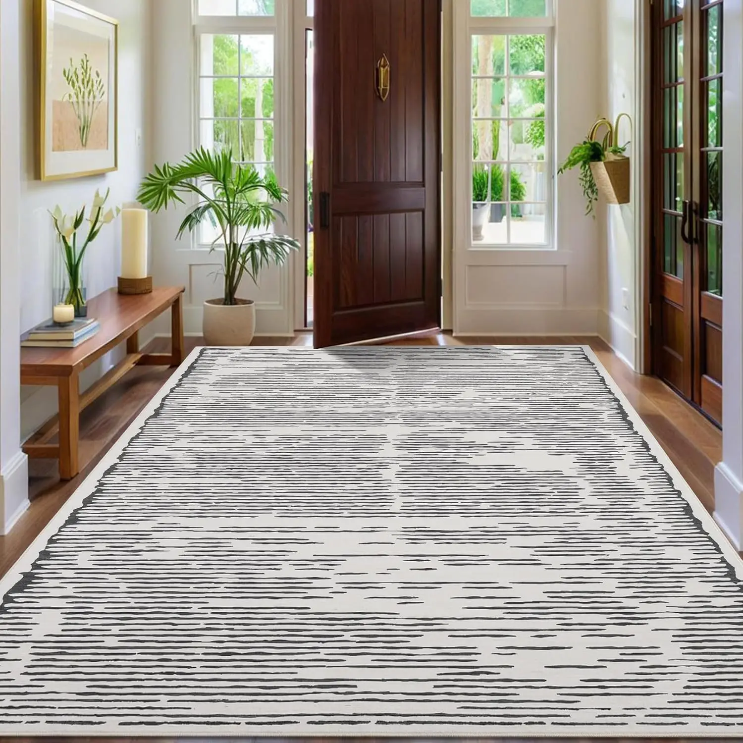 リビングルーム用エリアラグ、洗えるモダンな室内ストライプラグ、寝室、オフィス、ダイニングルーム、キッチン用のローパイル室内フロアカーペット
