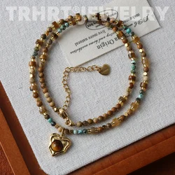 Natural Stone Beads Heart Pedant Chain Trendy Handmade Necklace Golden Summer Stainless Steel Jewelry