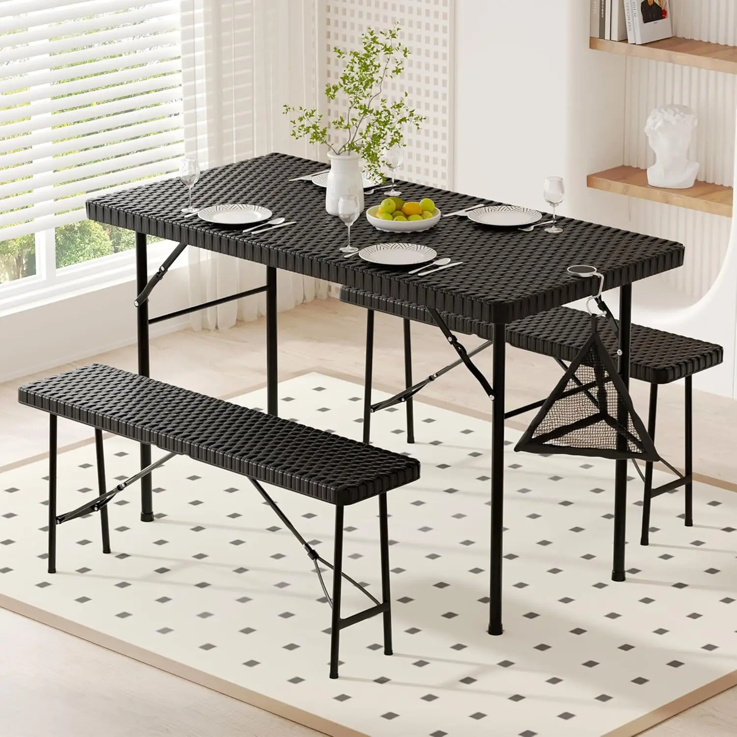 Vecelo Dining Table Set For 4, Faux Rattan Card Folding Dinette For Small Space With 2 Benches, Kitchen/Breakfast Nook/Living