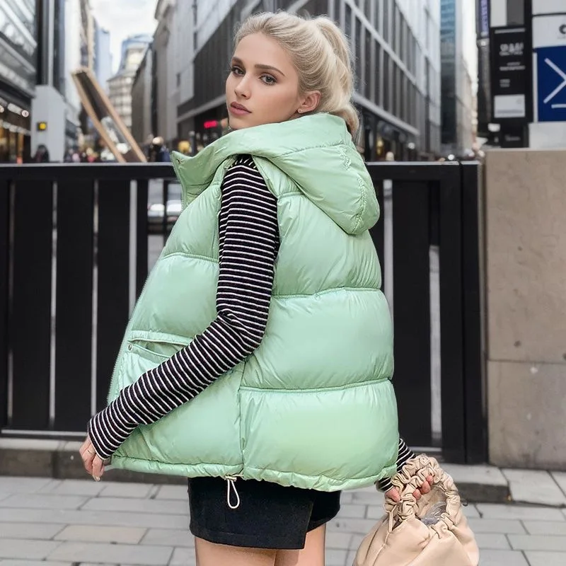 Autumn/Winter Women Vest Hooded Windproof Sleeveless Puffer Jacket Pockets Zipper Solid Coats Thick Warm Waistcoat Vestes