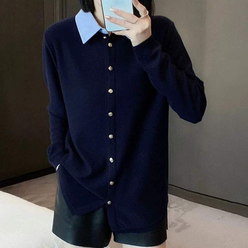 POLO shirt collar mid-length 100% cashmere knitted cardigan women\'s long-sleeved spring and autumn wool base coat