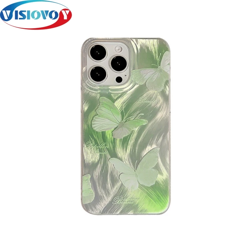 Capa de telefone de halo verde pena gaze tingida borboleta capa simplicidade capa traseira laser para iphone 15, 14, 13 Pro Max, arte