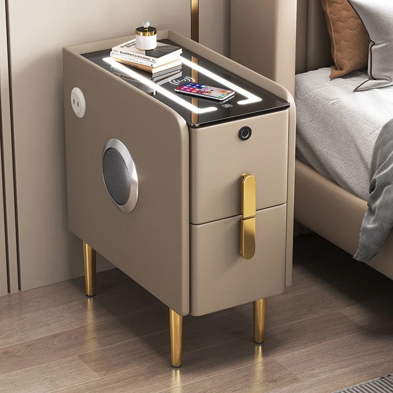 Ultra-narrow Modern Minimalist Nightstand Slate Surface Solid Wood Mini Luxury Storage Wireless Charging Bedside Cabinet BTBT010