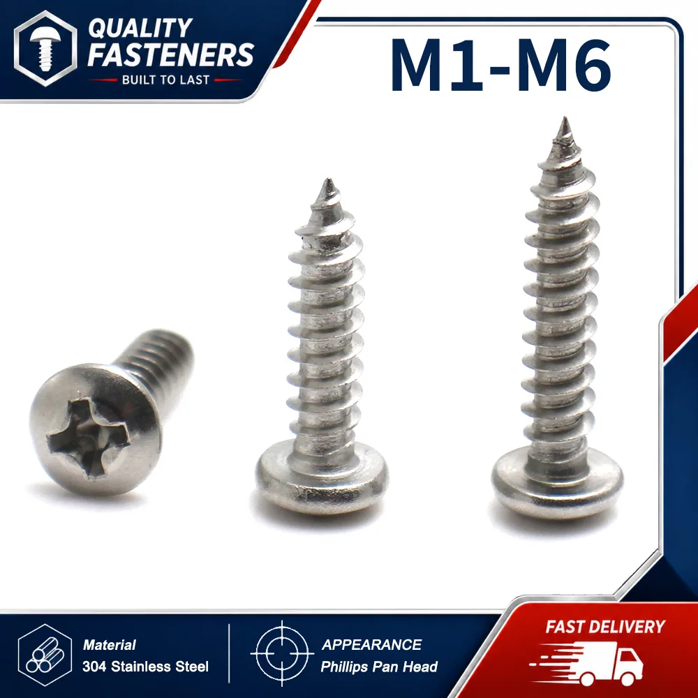 M1 M1.2 M1.4 M1.7 M2 M2.3 M2.6 M3 M3.5 M4 M5 M6 304 Aço Inoxidável Cruz Phillips Pan Cabeça Redonda Parafuso Auto-roscante Parafusos de Madeira