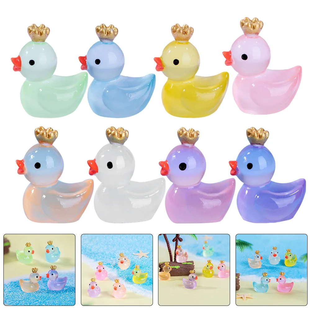 16 Pcs Luminous Crown Duck Animal Tiny Miniature Models Decorations Resin Garden Glow The Dark Figures