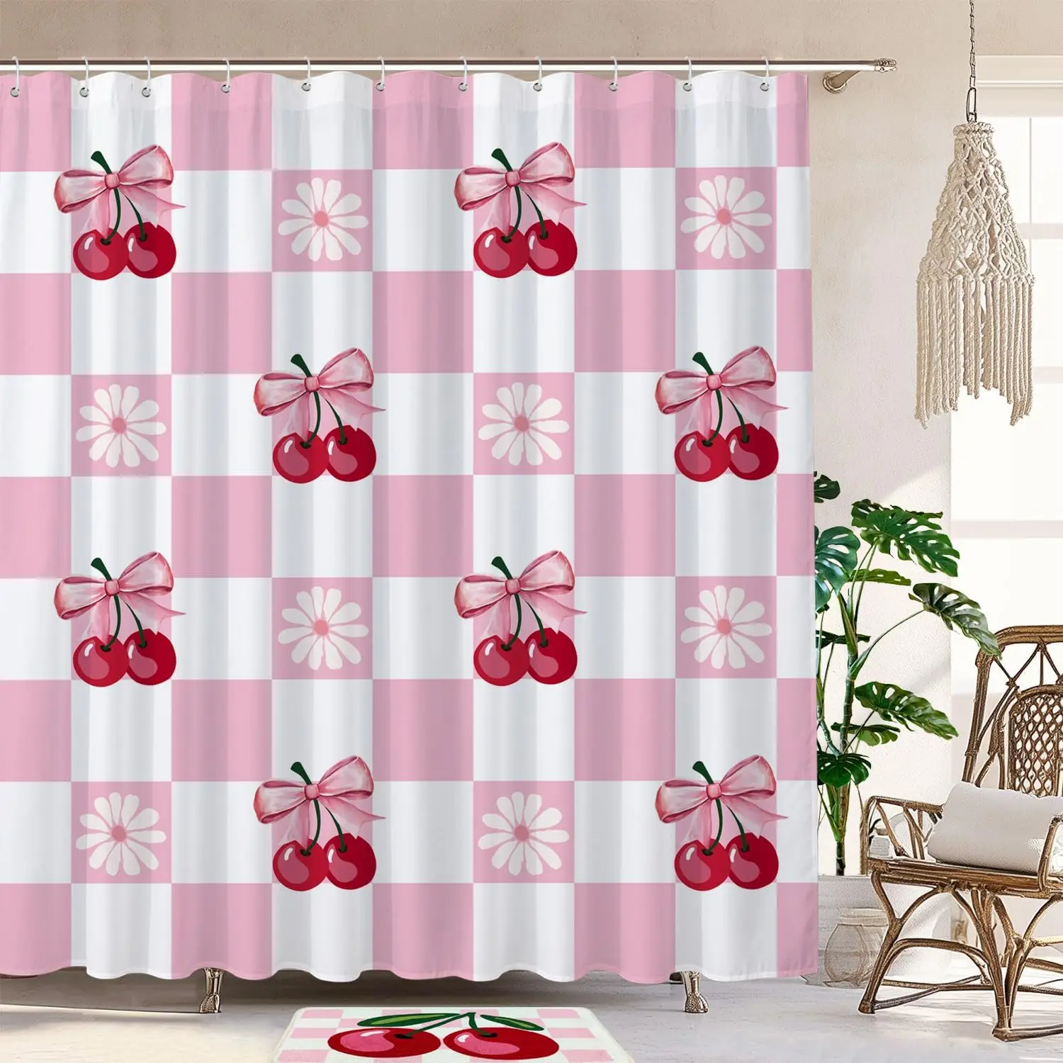 

Cute Shower Curtain for Bathroom Modern Aesthetic Funky Decorative, Pretty Chic Cloth Set with Hooks,Pink Bow Cherry