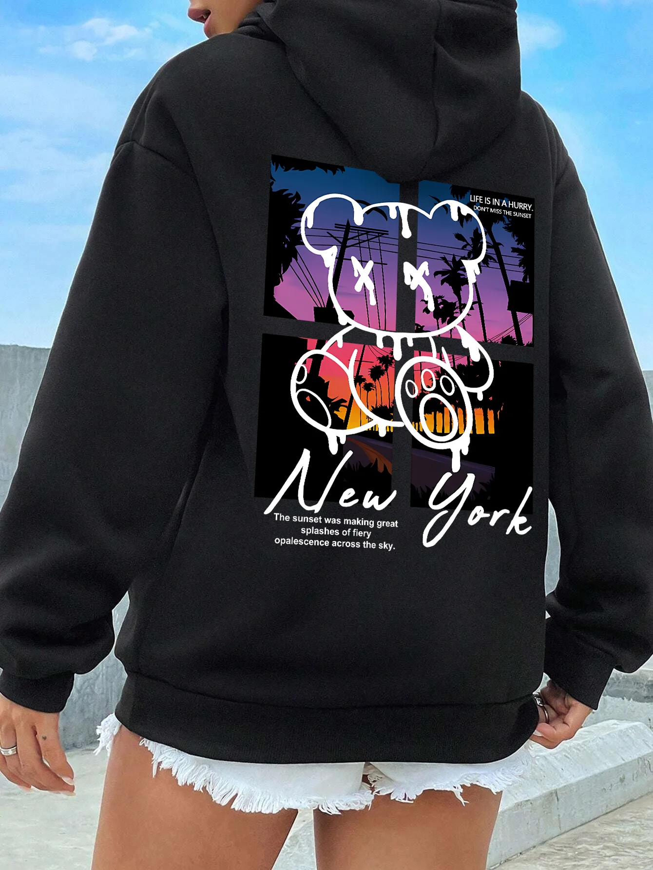 New York Art Word Cartoon Bear Sunset Scenery Design Sweatshirt Female Casual Loose Hooded Warm Fur-Liner Hoodie Street Female