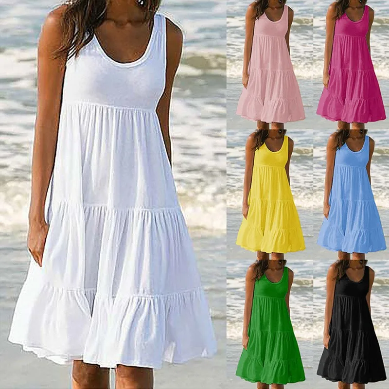 

2024 Hot selling women's solid color sleeveless round neck patchwork large swing beach skirt