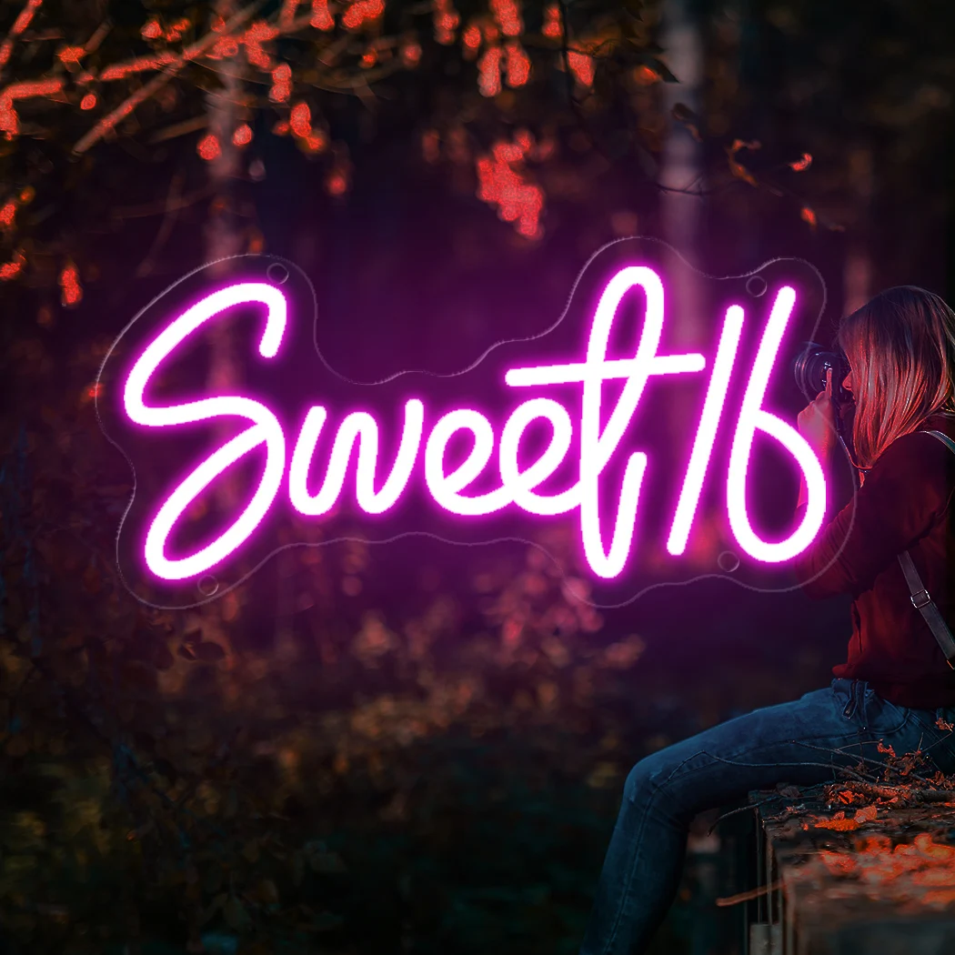 Sweet 16 Neon Sign LED Light Sixteen Birthday Party Bedroom Background Wall Decoration Rose Red Neons Girl Gift USB Night Lamp