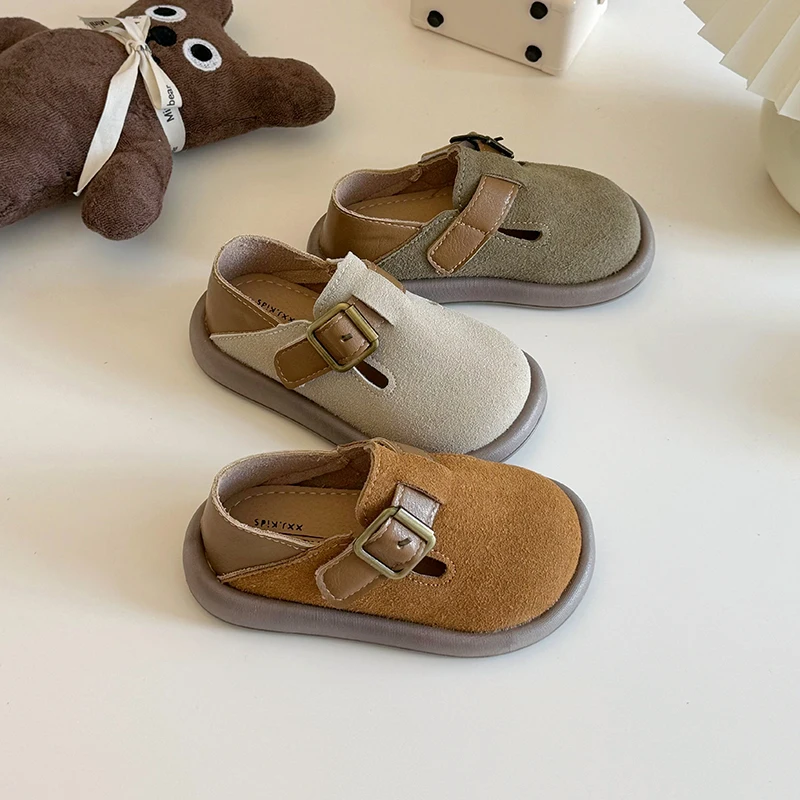 Mocassins de toe redondo infantil, sapato infantil casual, fivela, versátil, respirador, estilo britânico, sapato de couro, novo, moda, 2020