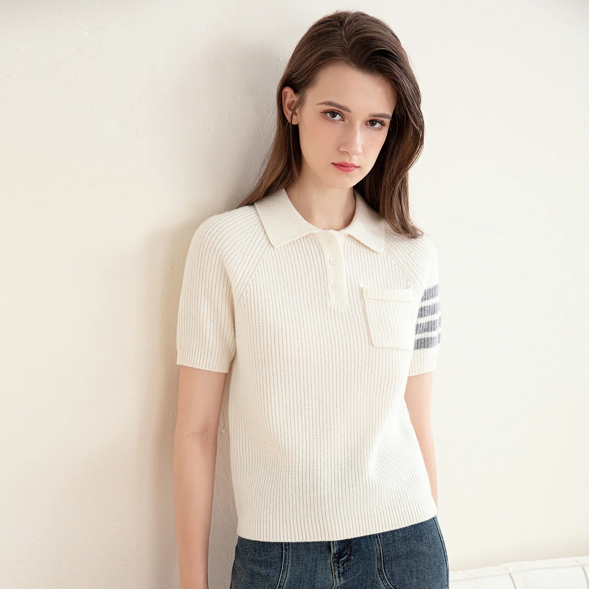 TC-250 Spring Summer High Quality Women's 100% Wool Short Sleeve Roll-Neck Knit Sweater