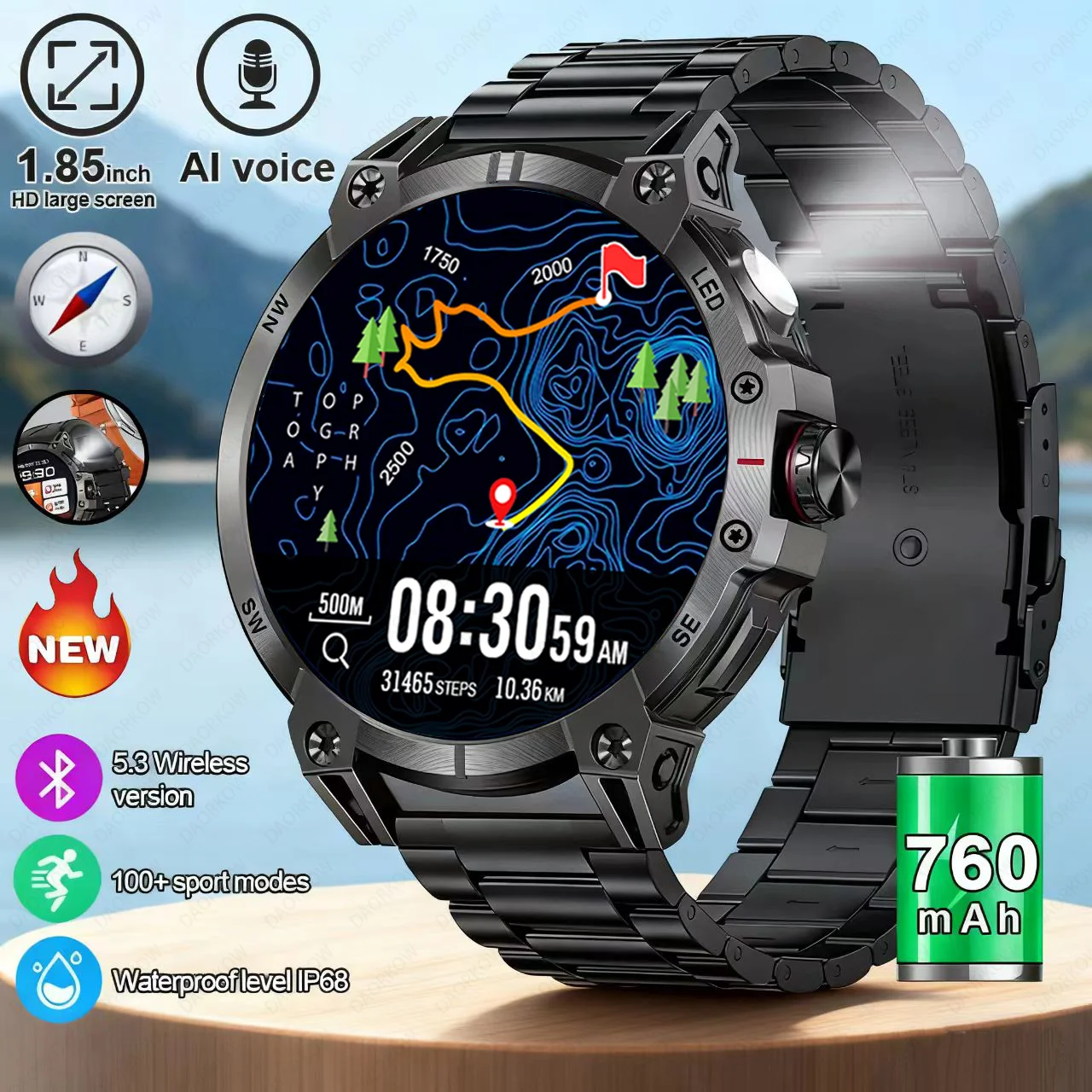 

Military New Smart Watch Men 760mAh Large Battery LED Flashlight Compass 1.8"HD Screen Heart rate Waterproof BT Call Smartwatch