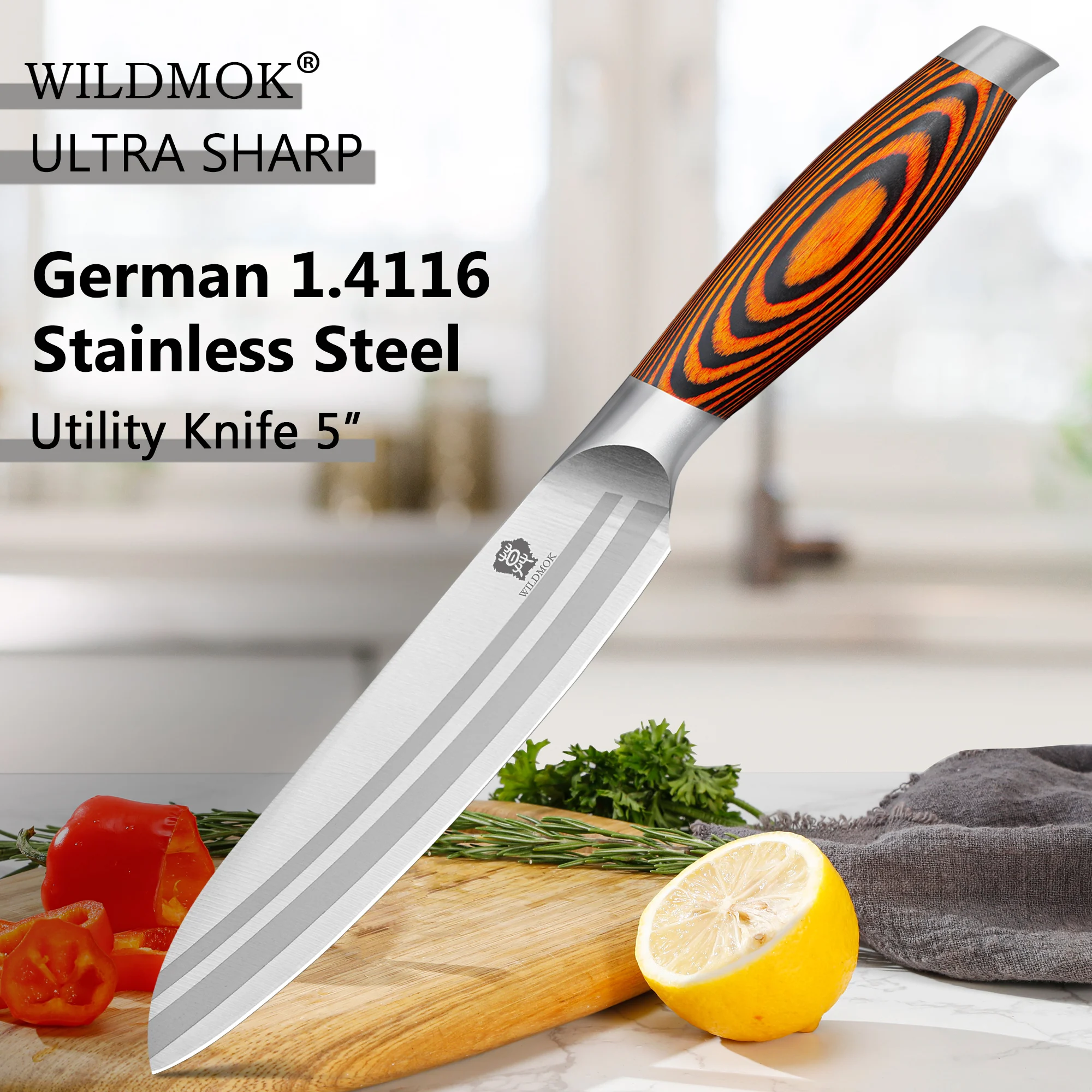 WILDMOK Utility Knife 5 Inch Kitchen Knife Premium German Steel Sharp Blade Multipurpose Use With Ergonomic Pakkawood Handle