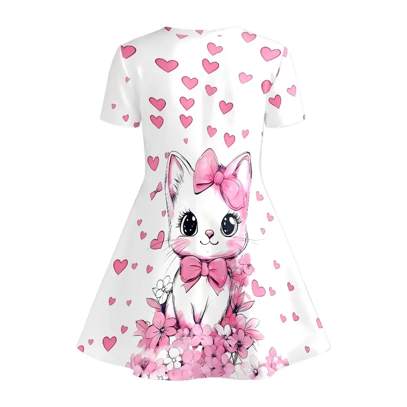 Niedliches Katzen- und Rosa-Herz-Motiv Bedrucktes T-Shirt-Kleid, Kinder-Tierliebhaber Blumen-Freizeitkleid Geeignet für Geburtstagsgeschenke – Detail 5