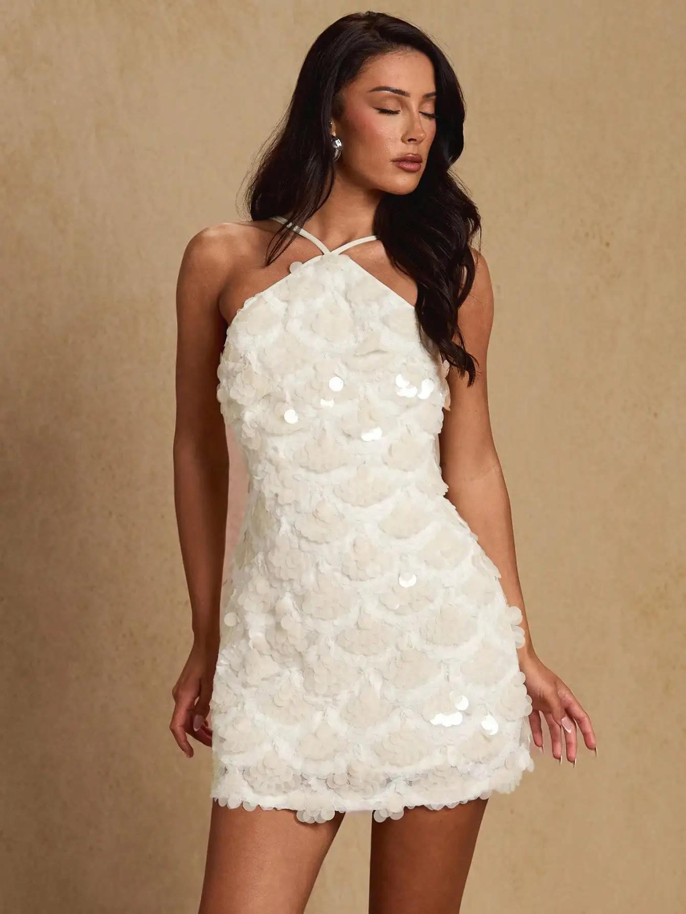 

White Halter Neck Mini Dress with 3D Floral Sequin Embellishment