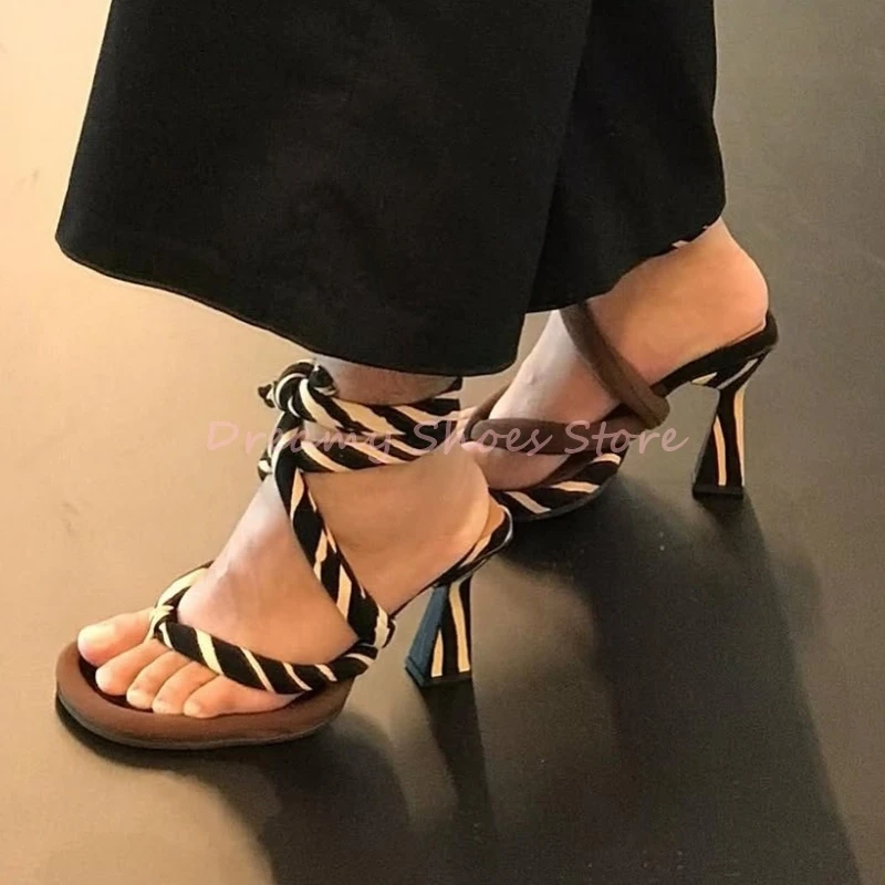 

Black White Patchwork Lace Up Flip-Flops Sandals Women Brown Peep Toe Slingback High Heels Fashion Trendy Party Lady Summer Shoe