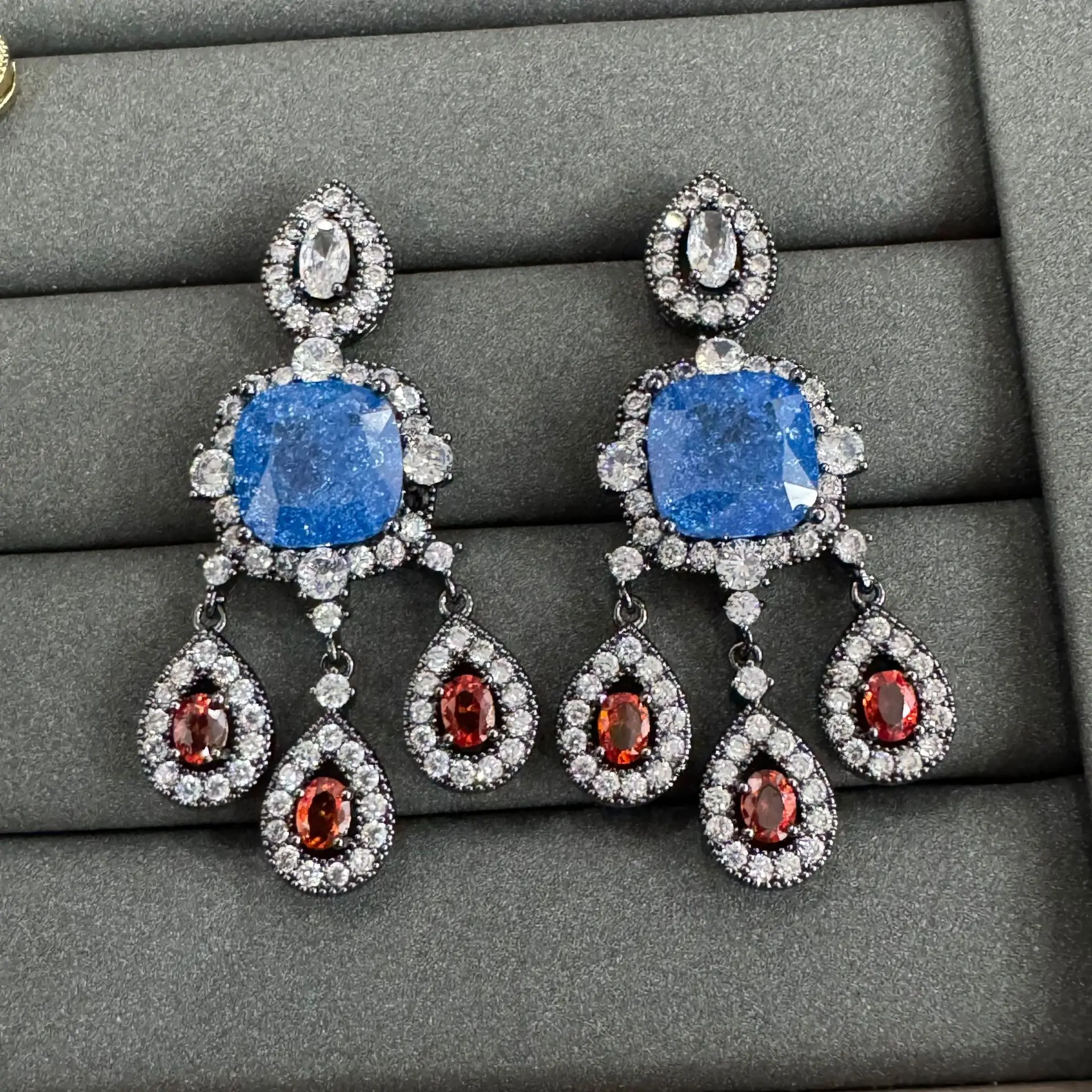 

Ornate Multi Color Zircon Tassel Earrings for Women Cute Statement Jewelry for Party Wedding Blue Green Dangle Earrings