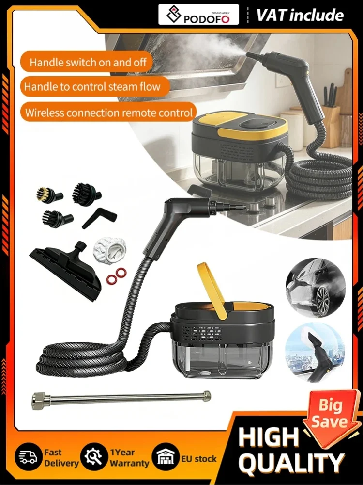 Podofo 2500W Multifunktions-Handdampfreiniger mit 1,6-Liter-Wassertank, 3 einstellbaren Geschwindigkeiten, tragbarer Hochdruckreiniger für Küche, Möbel, Böden, Badezimmer, Autos, Fenster