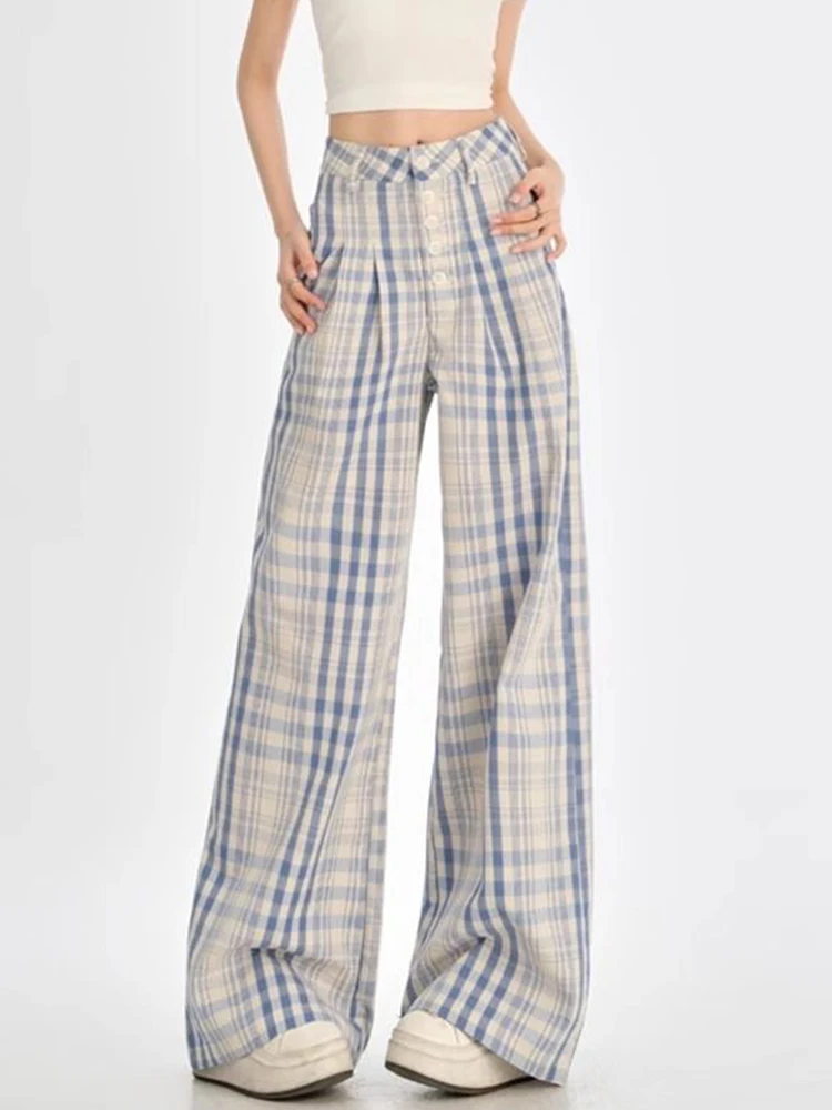 

Jmprs High Quality Plaid Pant Women Vintage High Waist Loose Casual Wide Leg Trousers Retro American Streetwear Buttons Pants