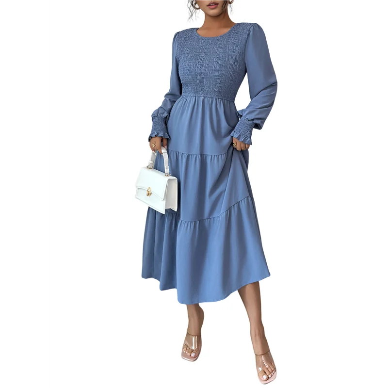 Fall Wedding Guest Dresses For Women Puff Long Sleeve Smocked Casual Crew Neck Tiered A Line Flowy Long Dress