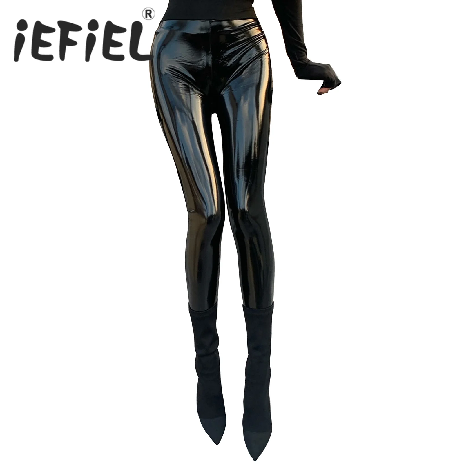 Womens Wetlook Skinny Pants Fashion Patent Leather Glossy Pants Wet Look High Waist Stretchy Leggings Trousers Party Clubwear