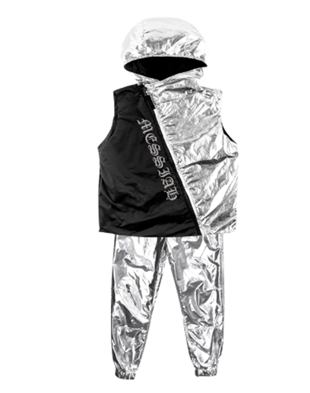 Silver GOGO Dance Costume Boys/Men Hooded Vest Cool hiphop Pants Nightclub Male DJ Costume Dancing Show Stage Clothes