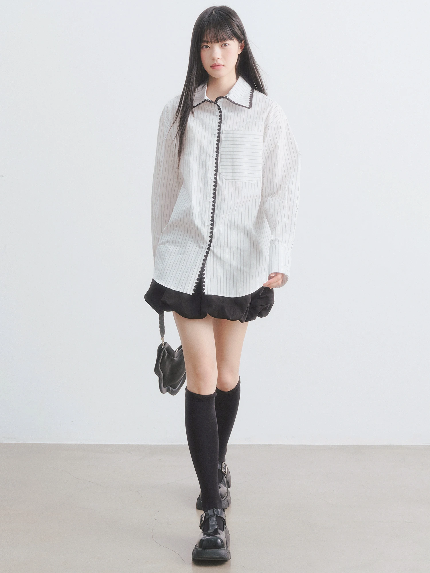 

Dirl Sle Long Sve Loose White Striped irt Sweet Cool Wave Design Commute Wind Women's Premium Faion irt