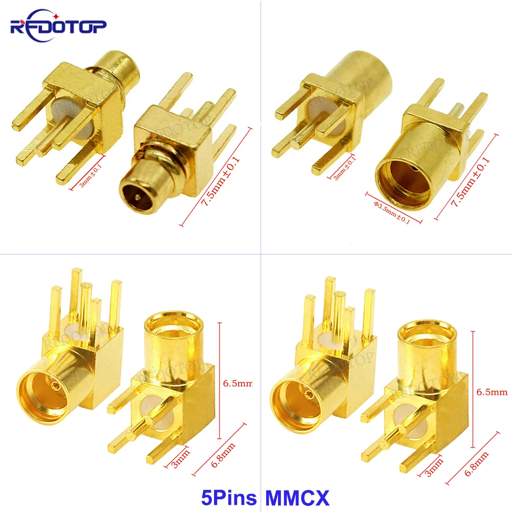 

10Pcs/Lot 5-Pins MMCX Male Plug/Female Jack Connector PCB Mount With Solder 50 Ohm Gold plated 5Pins MMCX RF Connector