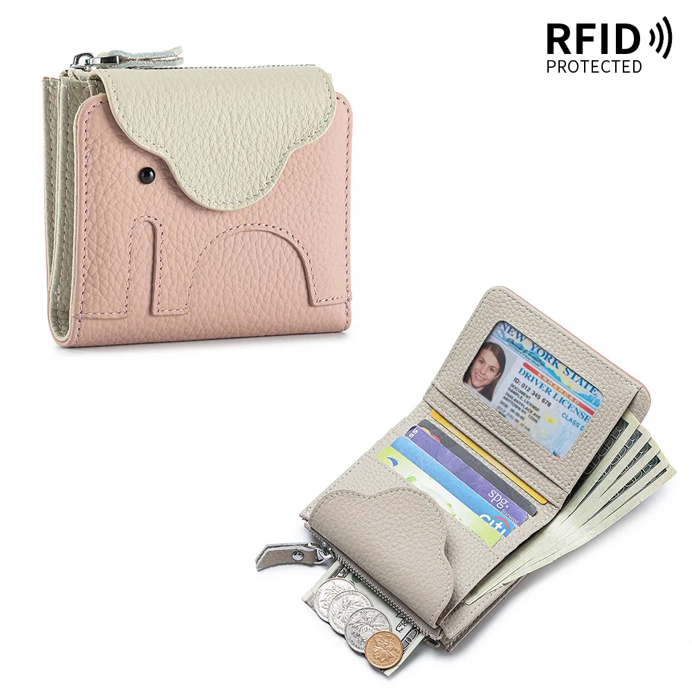 Brand Genuine Leather Women Short Bifold Wallet RFID Blocking Elephant Shape Card Purse Multi Card Slots Coin Pocket Cash Wallet