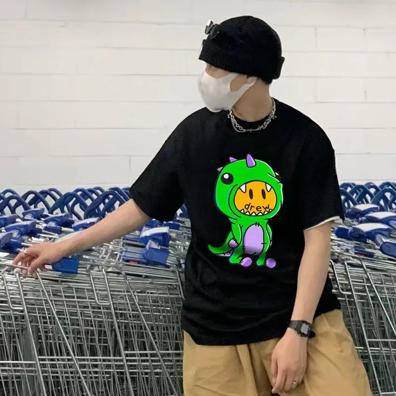 درو هاوس جودة عالية وجه مبتسم الطفل ديناصور قصيرة الأكمام تنوعا عالية الشارع المتضخم للجنسين 100% القطن تي شيرت