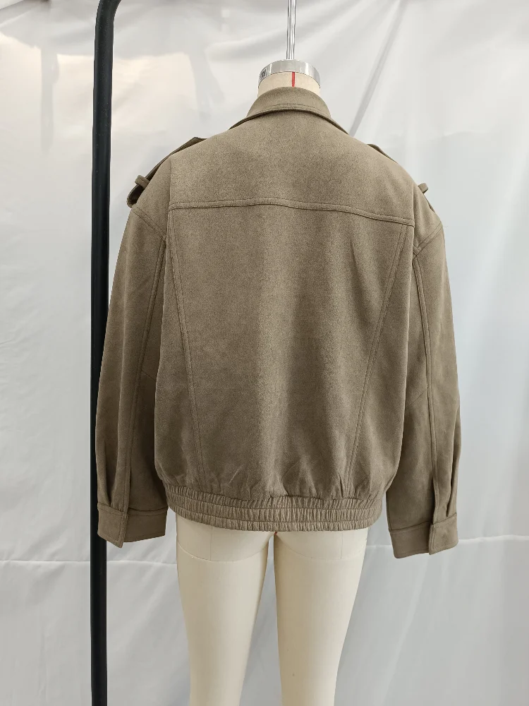 

Street Solid Loose Women's Suede Coats Stand Collar Long Sleeve Zipper Pockets Patchwork Jacket New Fashion Lady Locomotive Tops