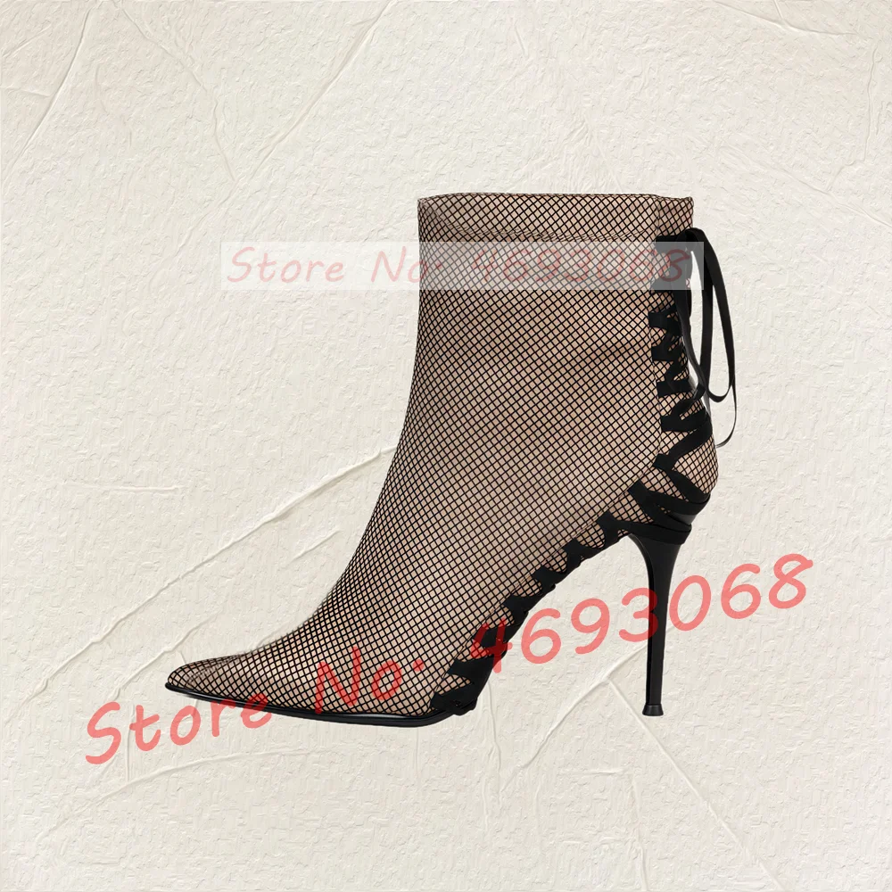 

Champagne Satin Pointed Toe Mesh Boots Women Novelty Back Lace Up High Heels Boots Ladies Fashion Cross Tied Knee High Shoes