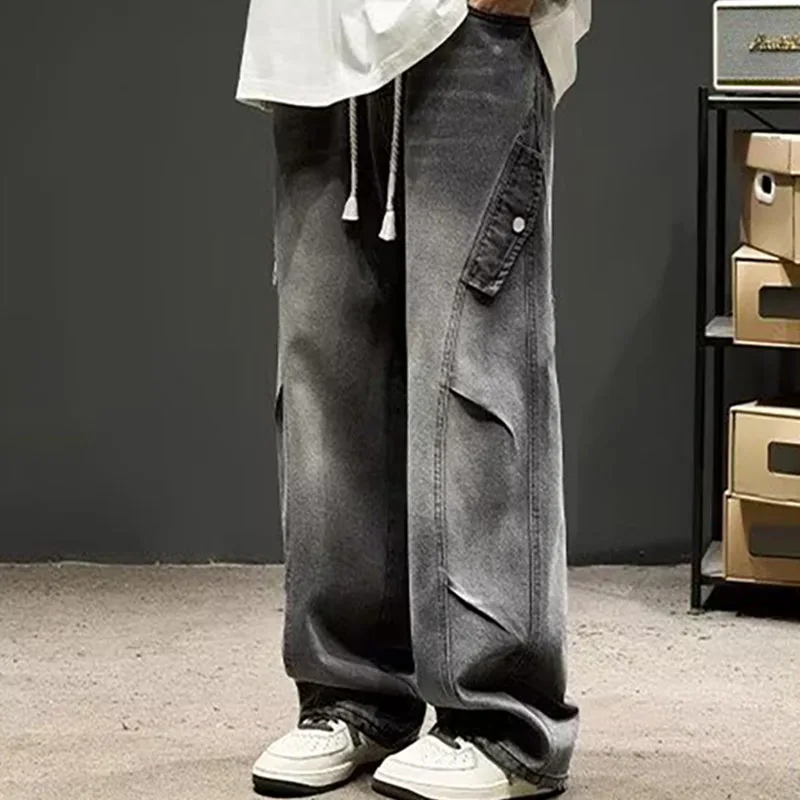 Korean High Street Retro Men'S Jeans Pleated Patchwork Paratroopers Autumn And Winter Loose Casual Straight Leg Pants
