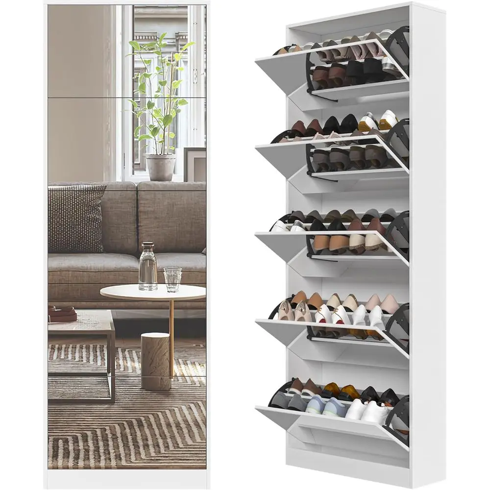 30-Pair Standing Shoe Rack with Full-Length Mirror and 5 Lip Shelf for Entryway Storage