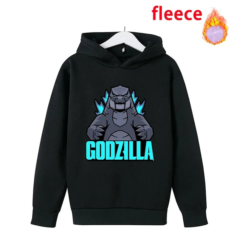 Godzilla Kong Childern Thicken Hoodie Sweatshirt Toddler Warm Movie Cartoon Long Sleeve Kids Boys Fleece Hooded Clothes Pullover