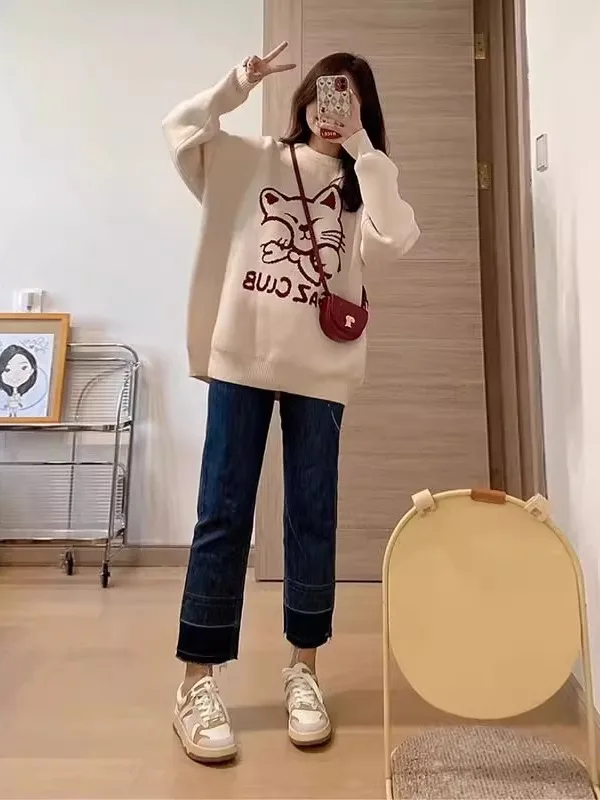 سترة محبوكة كبيرة الحجم للسيدات للخريف بنمط Sle جديد تصميم فضفاض من Thiened ملابس تريكو للنساء #4