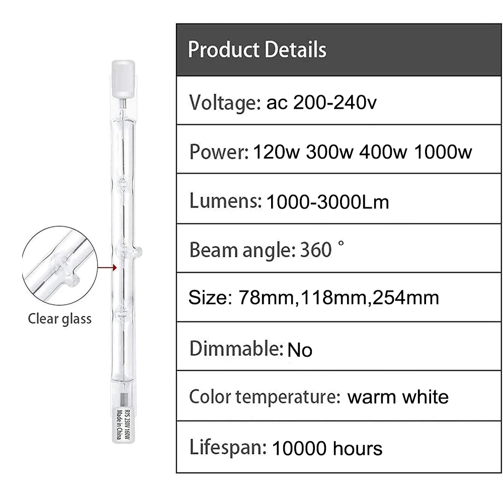 Ampoules halogènes à tube de tungstène iode, éclairage ponctuel d\'inondation, J78, J118, J189, J254, 300W, 400W, 1000W, 220V, R7S