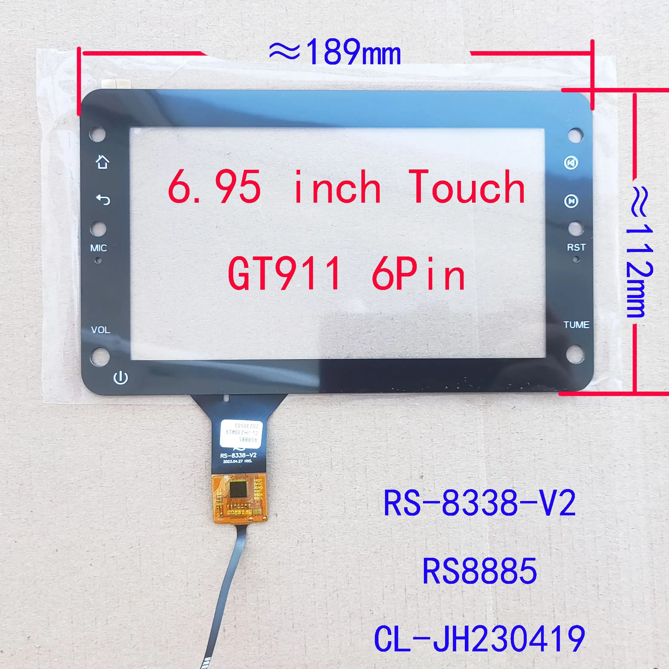 6,95 7-calowy panel dotykowy z czujnikiem i szklanym panelem HST-102T26 RS-8338-V2 RS8885 CL-JH 230419   GT911 6Pin ≈189*112mm — Zdjęcie 2 z 2