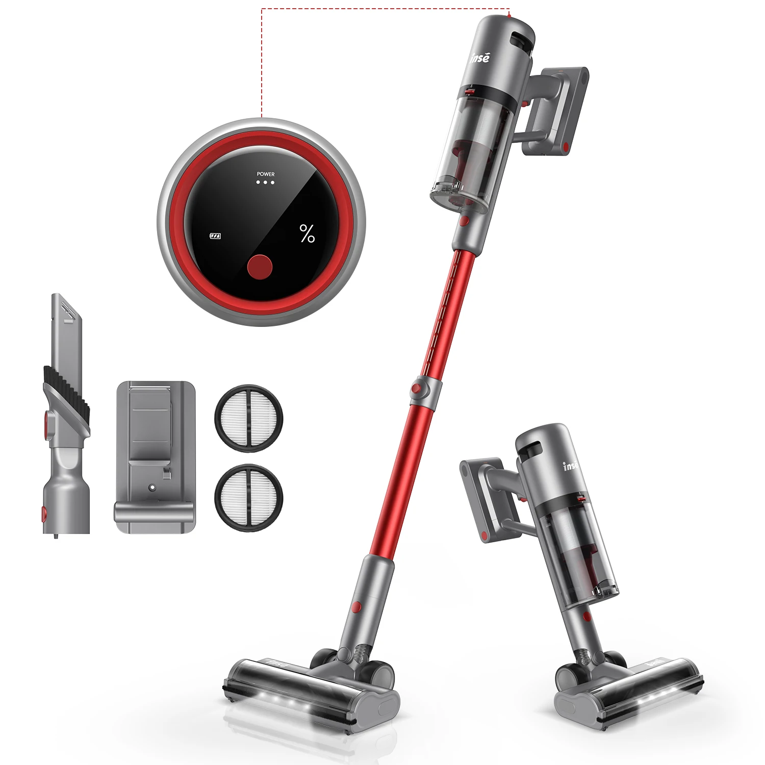 

Red INSE V120P Cordless vacuum cleaner, 30kPa&3-speed mode,cordless vacuum cleaner 450W, Stick vacuum cleaner, 60 minute battery