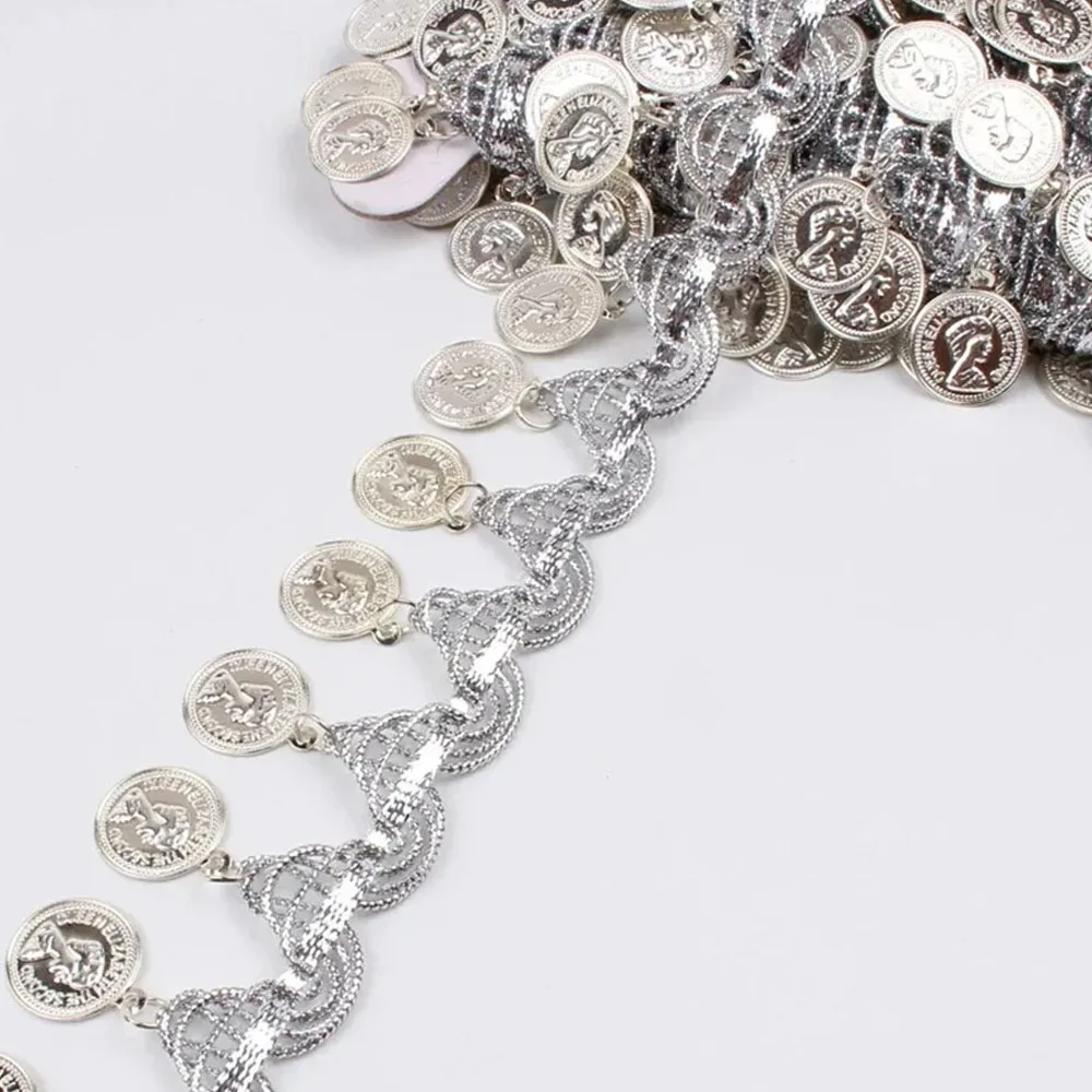 Gold Coin Shape Sequins Lace Tassel Fringe Trim - Polyester, Aluminum - Wedding, General Party