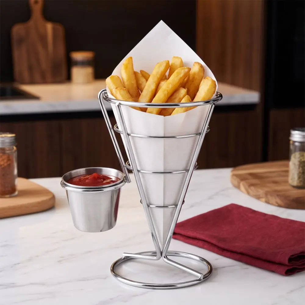Durable Iron French Fry Cone Holder Sliver with Sauce Cup Fries Display Stand Study Convenient Fries Baskets Serving Snacks
