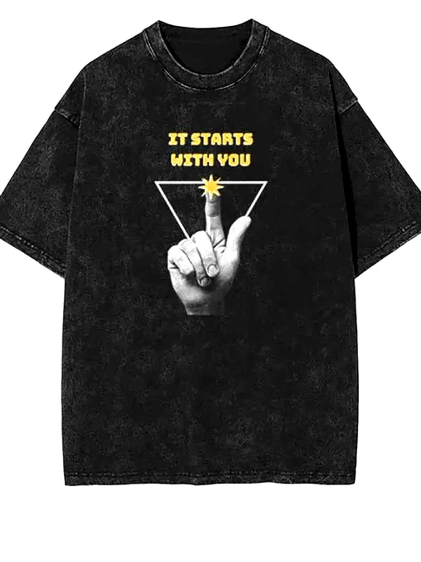 Starting with You: Retro Acid-Washed T-Shirt with Eye-Catching Yellow Capital Letters and Directional Gesture Patterns - Casual Street Style Short-Sleeved Crew Neck Shirt, Suitable for All Seasons, Machine Washable, Regular Fit
