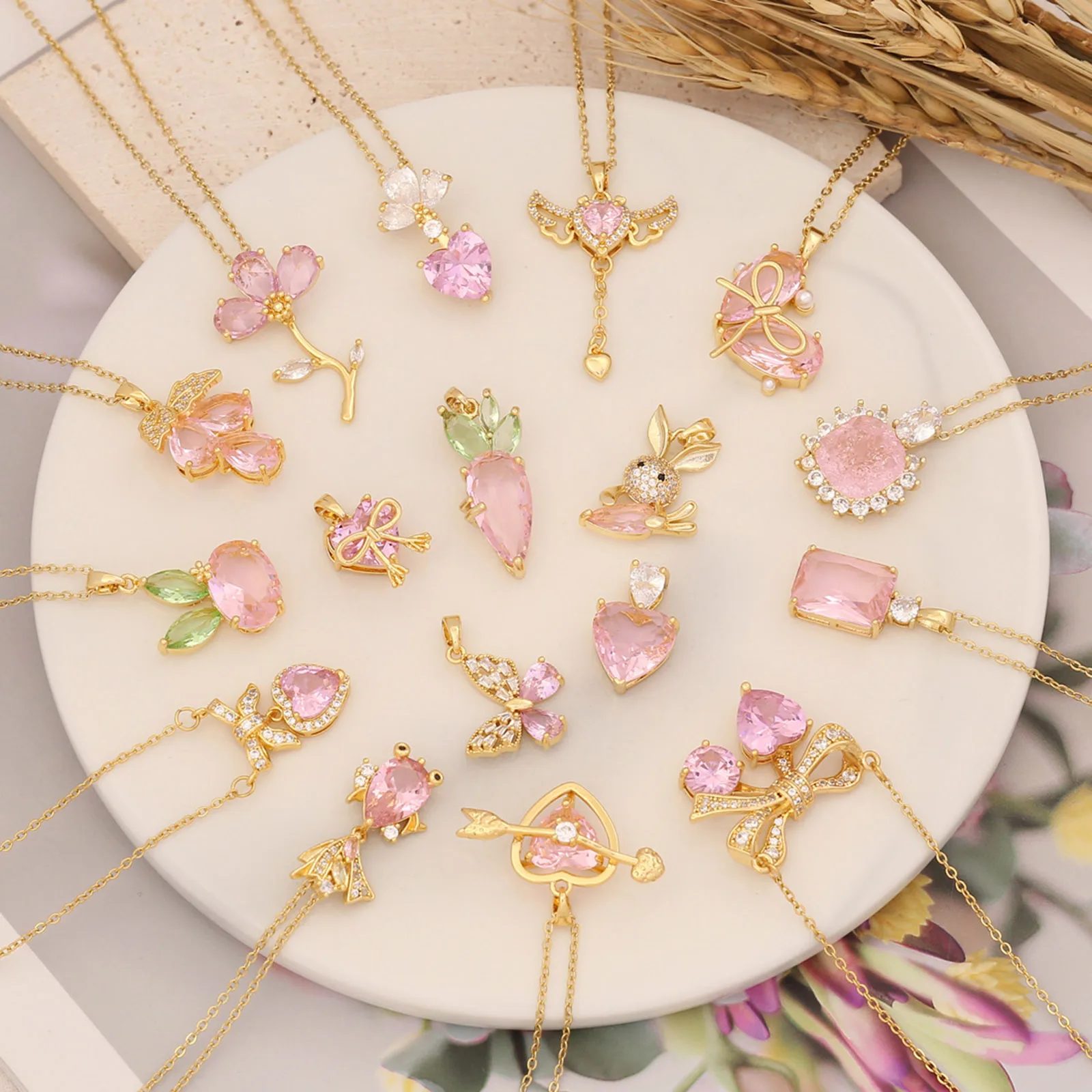 Fashion Copper Pendant Necklace Gold Color Heart Bowknot Sweet Pink Purple Cubic Zirconia Collar Women Jewelry Party 40cm long