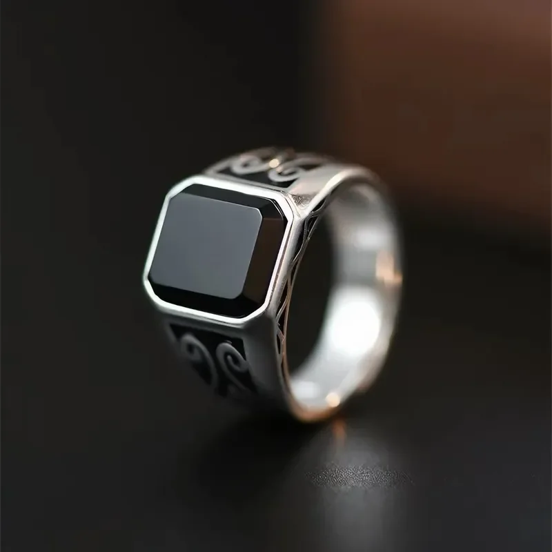 Retro Imitation Obsidian Ring Men Trendy Personality Creative Pattern Index Finger Ring Fashion Versatile Creative Open Ring