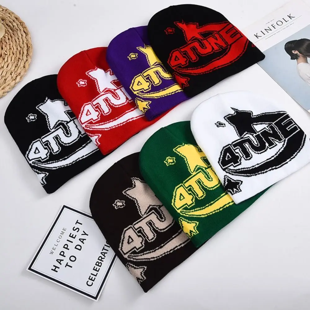 Fashion Elastic Knitted Hat 4TUNE Letter Thickened Beanies Cap Winter Warm Windproof Hip Hop Cap Men Women